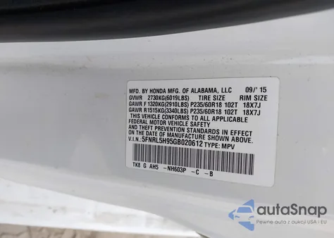 2016 Honda Odyssey Touring/Touring Elite from USA, damaged, VIN 5FNRL5H95GB020612